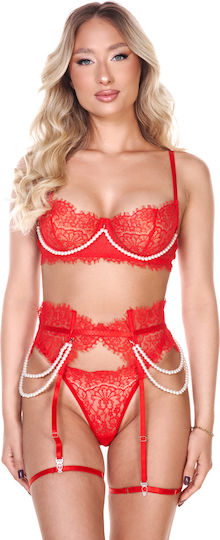 Set Sutien Dantelat Reglabil String Chilot Jartieră Perle Roșii
