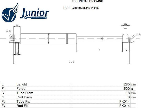 Front Bonnet Shock Absorber 285l-500n Suitable For Jeep Grand Cherokee 1999-2005 Wj Wg 55136764aa 1 Pc