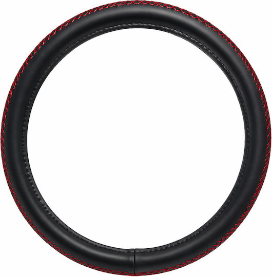 Car Steering Wheel Cover Black Red Stitching 37-39cm PVC & Rubber Non-Slip Universal