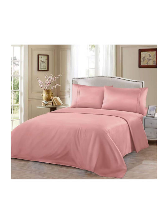 Lucktora King Size Bed Sheet Set with 2 Pillowcases and Rubber Hugger 220x240cm Pink (4 Pieces)