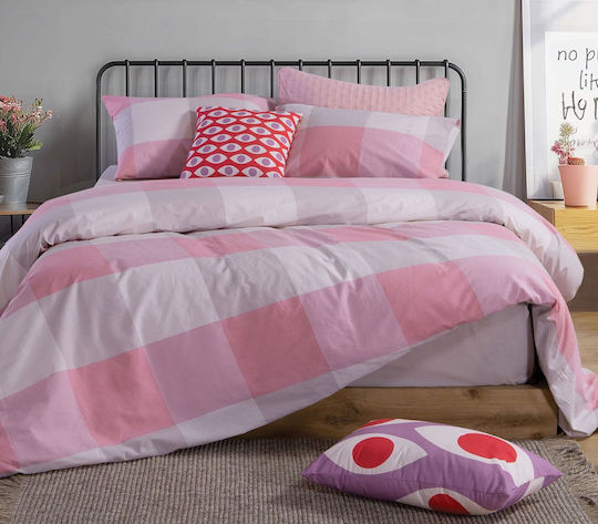 Nef-Nef Homeware Casual Super-Double Bed Sheets Set With Fitted Sheet 160x200+35cm Casual Check Pink 4 Pieces