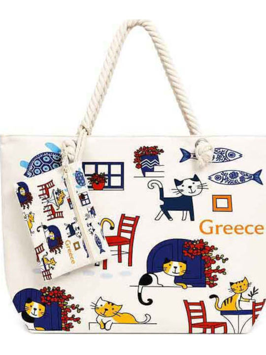 Stoff Katzen Strandtasche mit Kulturtasche Weiß
