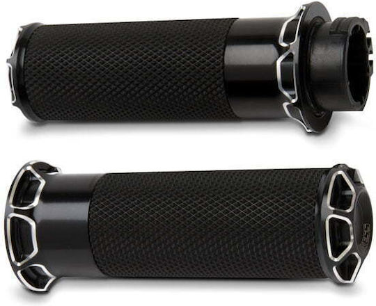 Arlen Ness Motorcycle Grips Harley Davidson '74 '21 Single Dual Throttle Cables Black Fusion Billet Beveled Grips Black