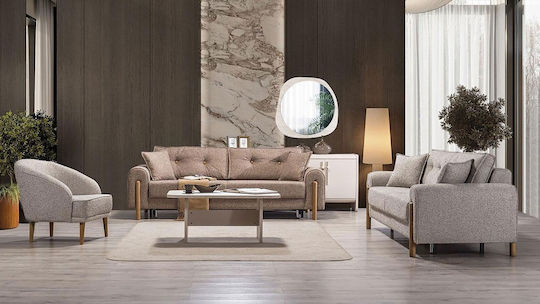 Stewehome Seturi Mobila Living Asya Canapea 3 Locuri & Canapea 3 Locuri & Fotoliu Textură Moale Bej Maro 230x85x85 Cm