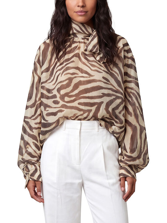MY T Women's Blouse Cotton with Tie at Neck Brown-Yellow