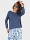 Women's Summer Crop Top Linen Long Sleeve Indigo