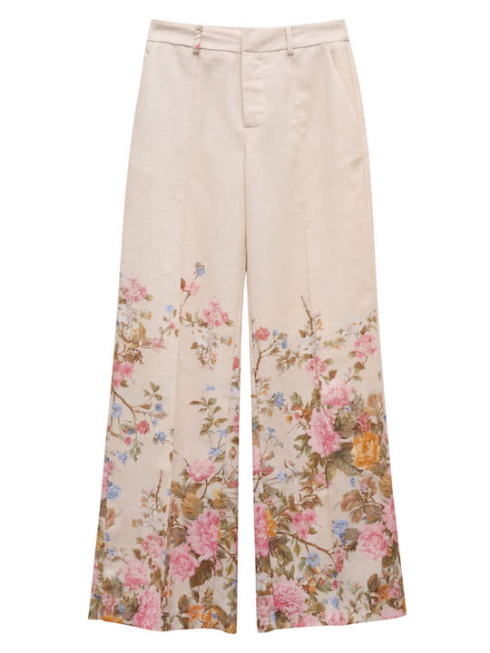 Lumina Women's Fabric Floral Cream Trousers