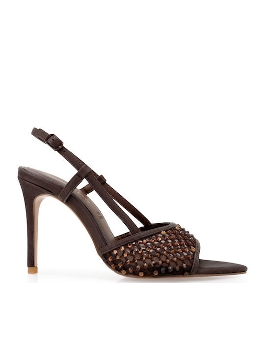 Fabric Sandals with Strass Brown W470003565X5-BROWN HN636-8137 Satin with Bronze Strass