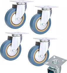 Set 4 Swivel Casters Plate Zola 100 X 25 Mm Furniture Carts 360° Rotation Silent Technical Rubber Galvanized Steel Blue