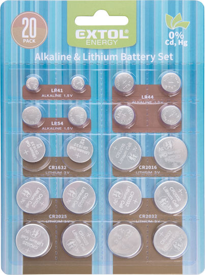 Lithium Alkalisch Uhrenbatterien Extol Energy 42057 Set 20 Stück