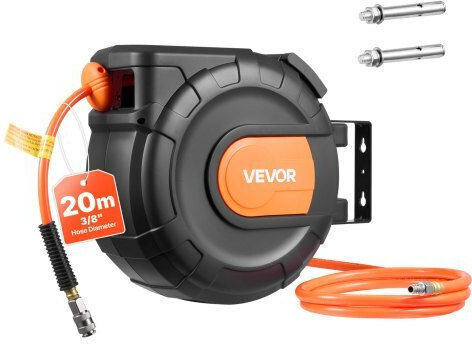 Vevor Retractable Air Hose Reel 20m X 9.5mm Pvc Air Hose Max 300psi Enclosed Air-compressor Hoses Reel Auto Rewind 2m Lead In 180° Swivel Ceiling Wall Mount Garages Workshops