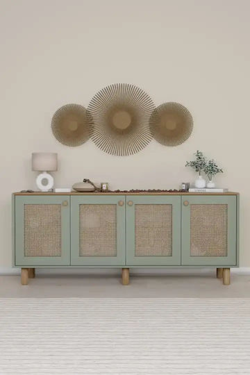 Stewehome Console Bohem PVC Wicker 4 Doors – Green 180x40x75cm