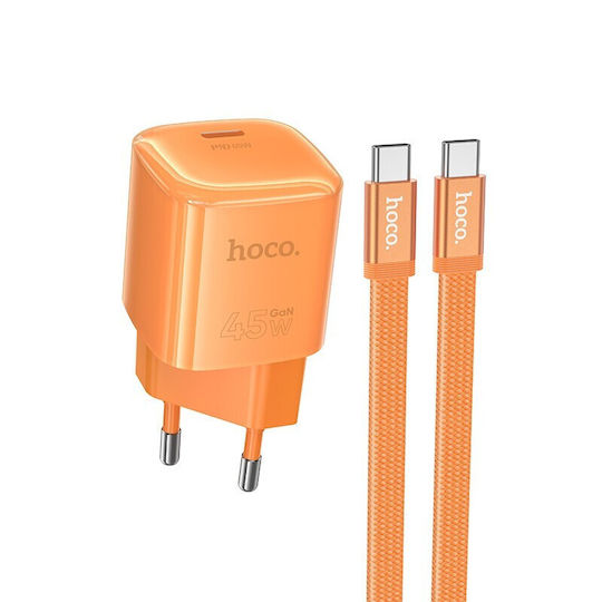 Hoco GaN Charger with USB-C Port and USB-C - USB-C Cable 45W Power Delivery Orange (DC148)