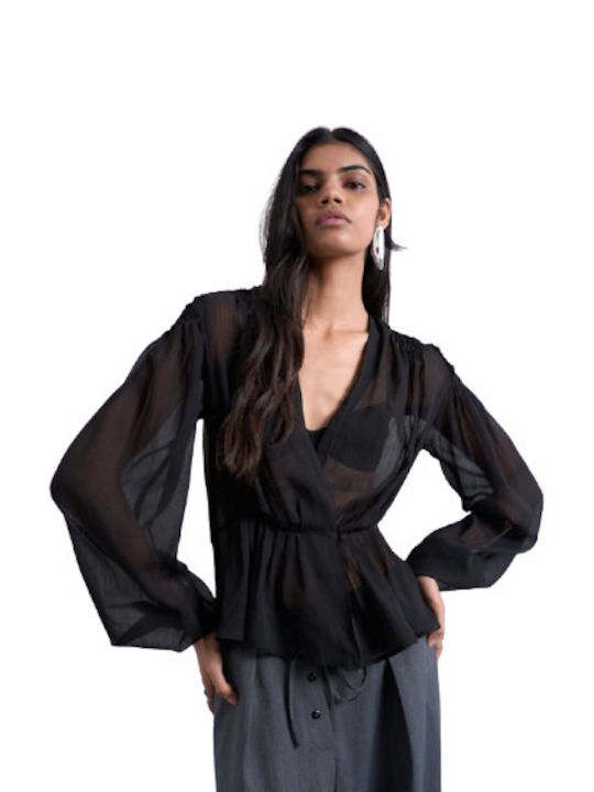 Women's Blouse Long Sleeve with V-Neckline Black