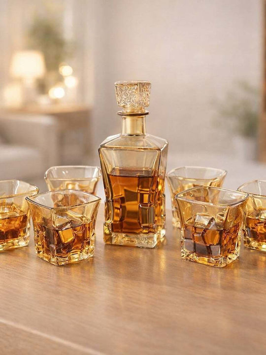 Velve Glass Whiskey Serving Decanter with Stopper and Honey Glasses 300ml 7 Pieces