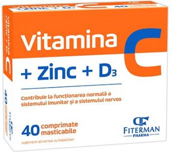 Fiterman Pharma Vitamina C + Zinc + Vitamina D3 Pentru Susținerea Imunității, Pielii și Acțiune Antioxidantă 40 Tablete Masticabile