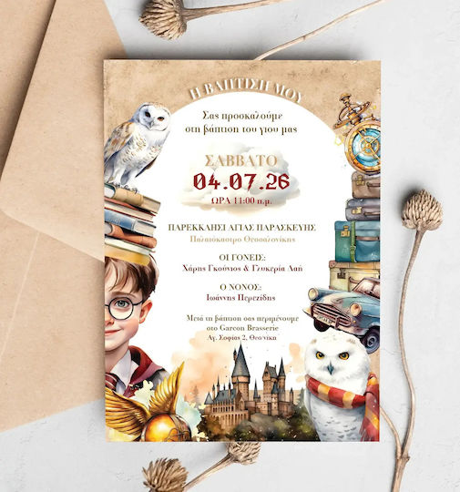 Προσκλητήρια Βάπτισης Αγόρι Σχέδιο Harry Potter & Φάκελο Κωδ M-91k-hp
