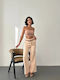 Women's High Rise Fabric Trousers in Slim Fit Beige