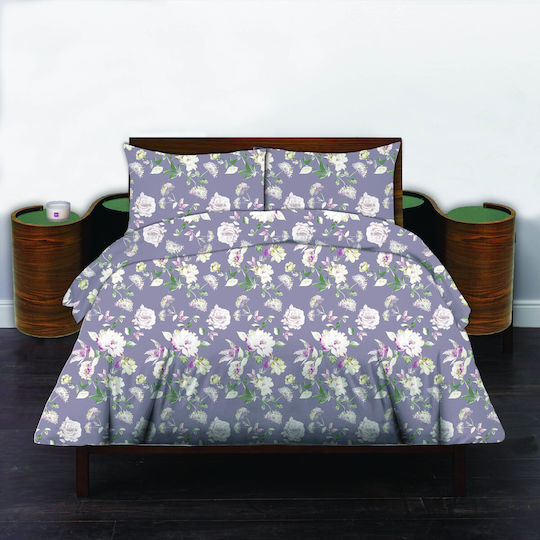 Set Duvet Cover Cotton 220x240cm King Size with 2 Pillowcases Flowers Purple