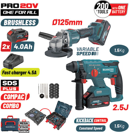 Bormann BBP5303X44T2CA Battery Powered Tool Set Angle Grinder & Brushless Excavator 20V With 2 Batteries And Case