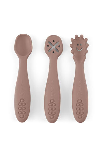 Petite & Mars Set Pentru Bebeluşi Cu Linguri Cu Indicator De Temperatură Din Silicon Pentru 6+ Luni Maro 3 Bucăţi
