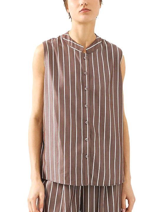Access Sleeveless Women's Shirt Ecru Brown Striped Access Sleeveless Women's Shirt Ecru Brown Striped