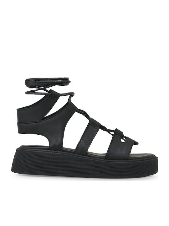 Δερμάτινα Γυναικεία Σανδάλια Flatforms Μαύρα