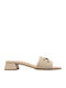 Leather Mules with Chunky Low Heel in Beige Colour