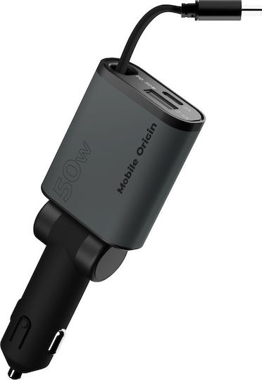 Mobile Origin CA27 Φορτιστής Αυτοκινήτου 50W 3A Γρήγορης Φόρτισης με Θύρες: 1xUSB 1xType-C μαζί με Καλώδιο Type-C / Ενσωματωμένο Γκρι Χρώμα