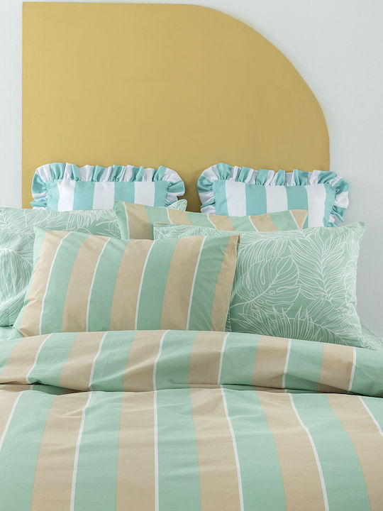 Palamaiki Palamaiki Bed Sheet Set with 2 Pillowcases Super King Size with Rubber Hugger 110x200+32cm Green-Beige (3 Pieces)
