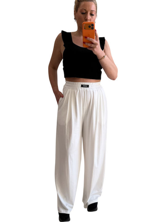 Women's Fabric Trousers with Rubber Band in Regular Fit White