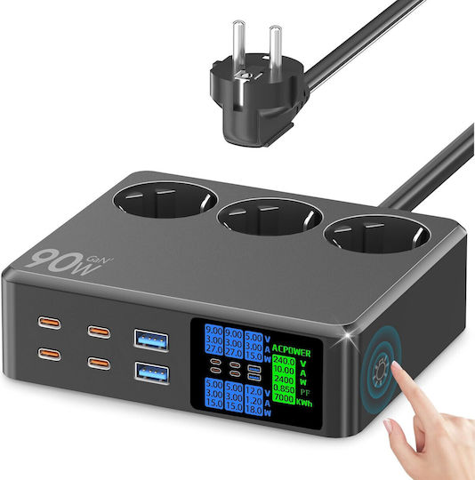 Prelungitor Bandă de Alimentare de Siguranță cu 9 Prize cu USB-A USB-C și Cablu de 1.2m