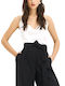 Women's Satin Sleeveless Blouse with V-Neckline White