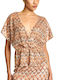 Women's Short Sleeve Blouse with V-Neckline Beige-Orange