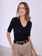 Celestino Women's Short Sleeve Knitted Slim Fit Black Blouse