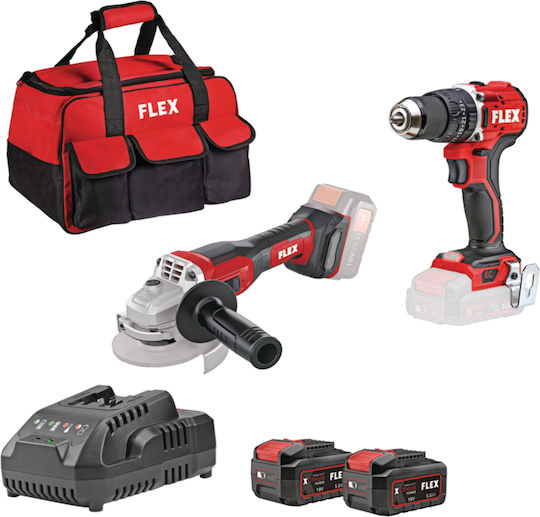 Flex Box 2 Set Angle Grinder & Impact Drill Driver 18V with 2 Batteries 5Ah and Case