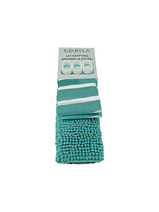 Petrol Blue Grey Striped 2 Piece Fabric Shower Curtain Polyester 180x180 and Silicone Mat Chenille 45x75