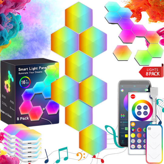 Qova Lampa Decorativă Inteligentă LED RGBIC Hexagon 8 Bucăți Qova Lampa Decorativă Inteligentă LED RGBIC Hexagon 8 Bucăți