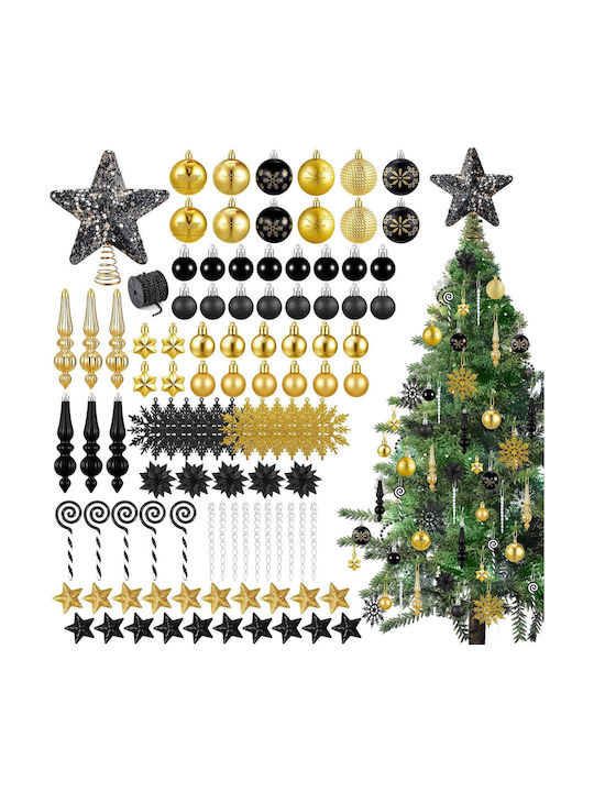 Set 104 Ornamente De Crăciun Pentru Brad Globuri Negre Aurii 3-20 Cm
