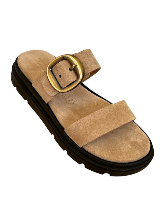 Leather Women's Flat Sandals Flatforms Beige