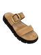 Leather Women's Flat Sandals Flatforms Beige