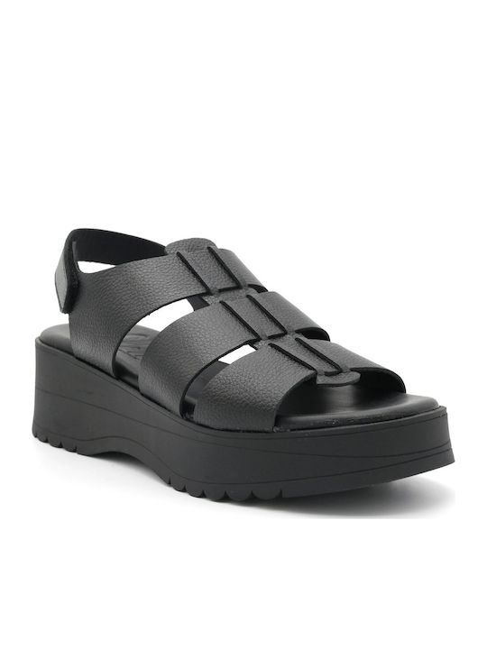 Valeria's Leder Flache Damen Sandalen Schwarz
