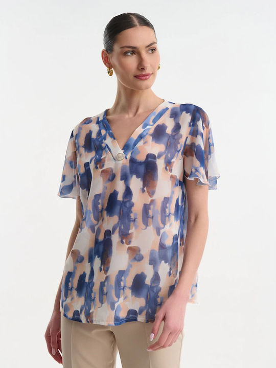 Women's Satin Short Sleeve Blue Blouse