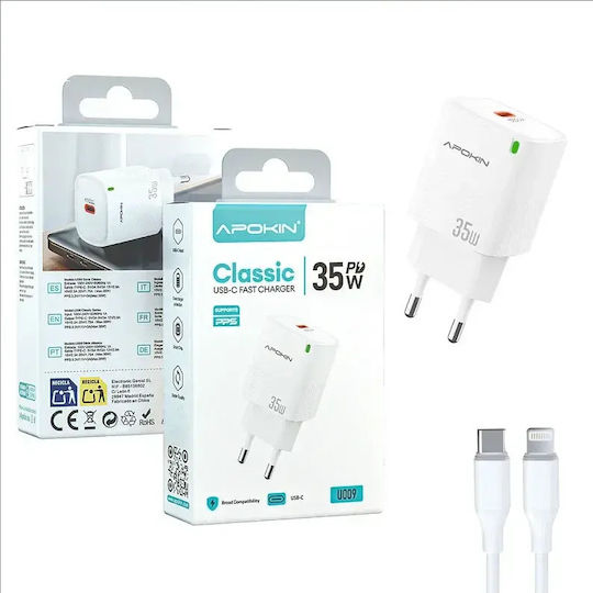 Apokin Charger with USB-C Port and USB-C - Lightning Cable 35W Power Delivery White
