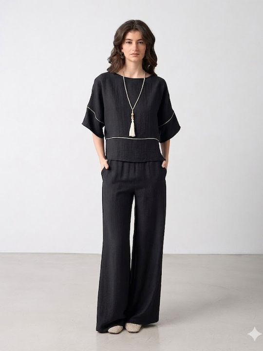 Women's High Rise Linen Pantaloons with Rubber Band in Regular Fit Black