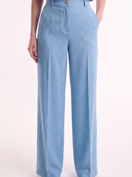 Pantaloni Largi Dama Din In Cu Elastic Talie Înaltă Bleu