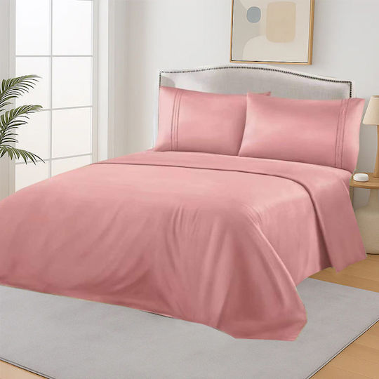SpitiBazaar Bed Sheet Set with 2 Pillowcases Double with Rubber Hugger 160x200cm Pink (3 Pieces)