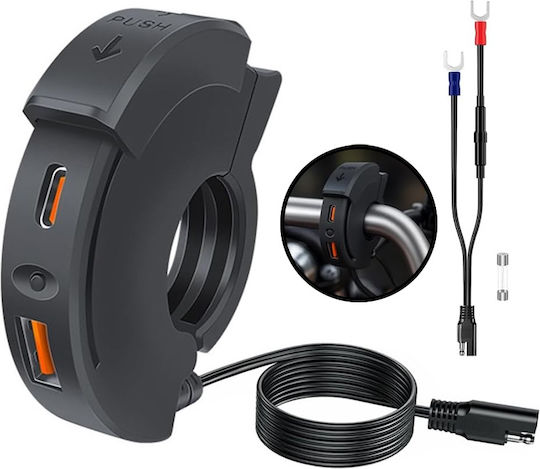 Water Resistant Motorcycle Charger Handlebar Usb 48w 30w Pd Type-c 18w Qc3.0 Usb-a Sae Connection W17644-2 Black