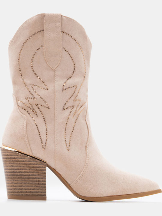 Women's Ankle Boots Cowboy with Medium Heel Beige