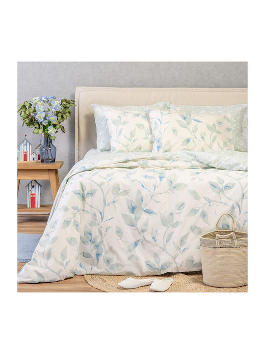 24home.gr Ultra Line Set Double Bed Sheets With Rubber Hugger 160x200+32cm Pearl Blue 4 Pieces